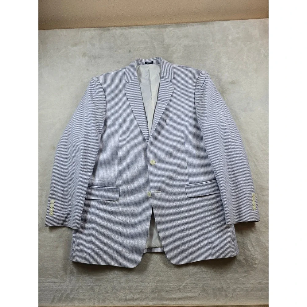 Saddlebred Seersucker Blazer Men 44R Blue White Striped Cotton Sport Coat Jacket